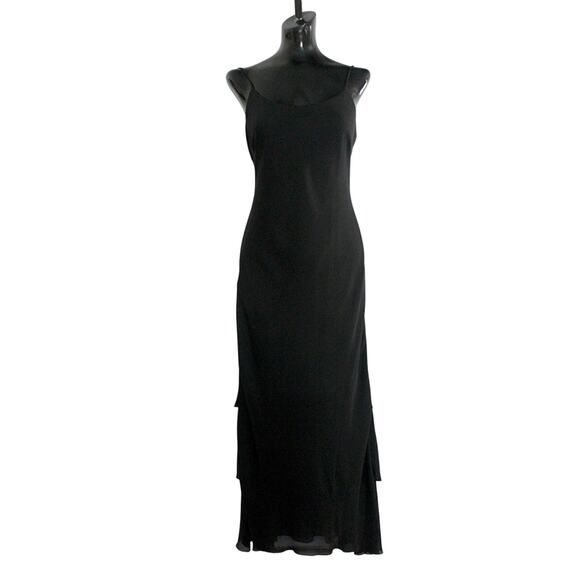 Vtg Black Slip Dress Sz 7/8 Spaghetti Strap Flutter Maxi Sheer Layered Chiffon - Picture 2 of 8